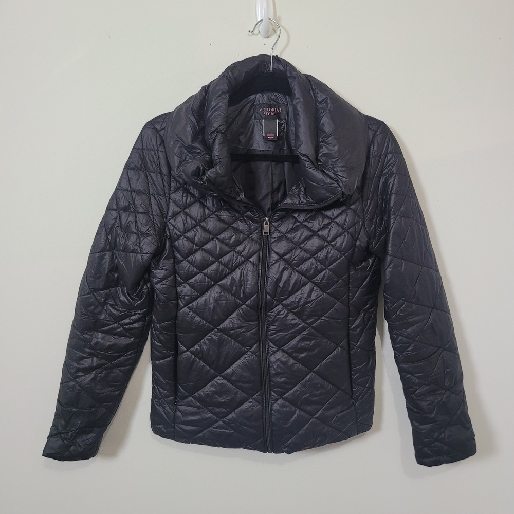 Victoria's Secret XS Diamond Quilted Puffer Jacket Black Funnel Neck Full Zip